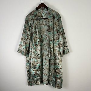 🌿 Adonna Kimono Robe – Boho Floral Print in Teal & Brown – Size Large – Flowy